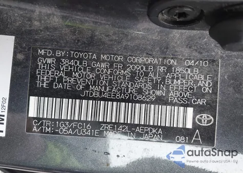2010 Toyota Corolla Le from USA, damaged, VIN JTDBU4EE8A9108629